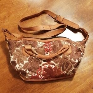 Leather embroidered canvas purse